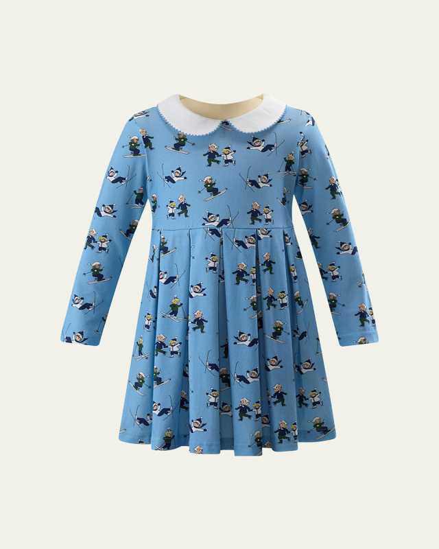 Girl's Ski-Print Pleated Jersey Dress, Size 2-